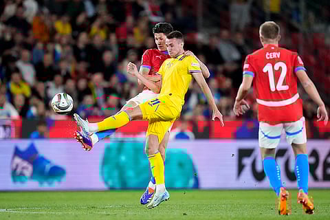 UEFA Nations League, Czech Republic vs Ukraine: Czech Republic's Martin Vitik, left, vies for the ball with Ukraine's Vladyslav Vanat